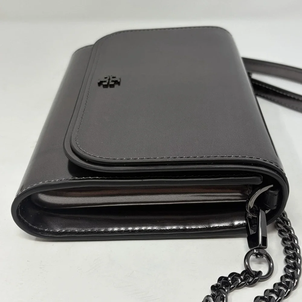 Tory Burch Emerson‎ Patent Chain Wallet Gunmetal Metallic Crossbody